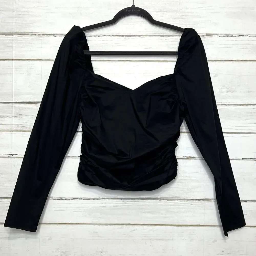 ASTR the Label Black Sweetheart Ruched Puff Long Sleeve Blouse Size Medium